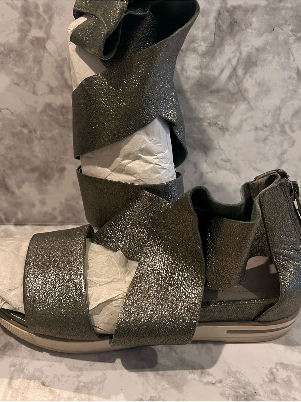 Ellen Fisher Metallic Gray Platform Sandals with Crisscross Straps
